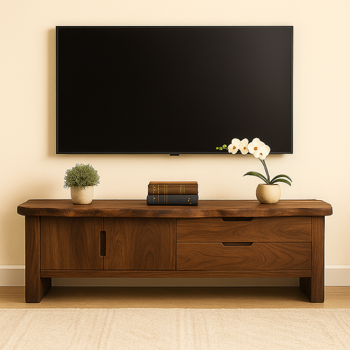 Handcrafted Solid Wood TV Stand with Live Edge Top – Modern Media Console with Cabinet & Drawers