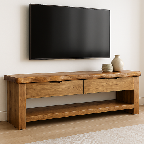 Handcrafted Solid Wood TV Stand with Live Edge Top – Rustic Natural Media Console with Drawers & Open Shelf