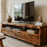 Handcrafted Solid Wood TV Stand with Live Edge Design – Rustic Organic Media Console with Drawers & Open Shelf