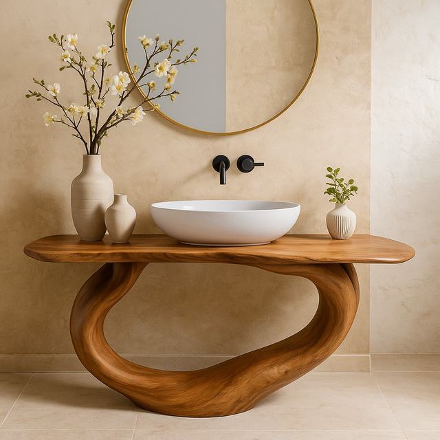 Handcrafted Solid Wood Bathroom Vanity – Organic Sculptural Flow Base in Natural Finish