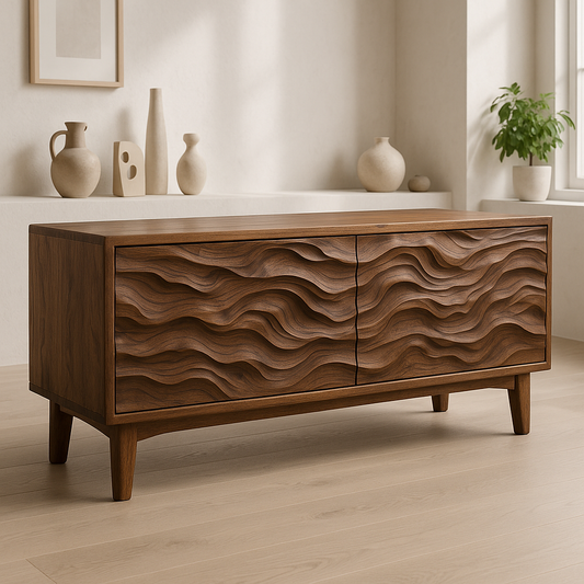 Handcrafted Solid Wood TV Stand – Sculptural Wave Front Credenza for Modern Organic Interiors