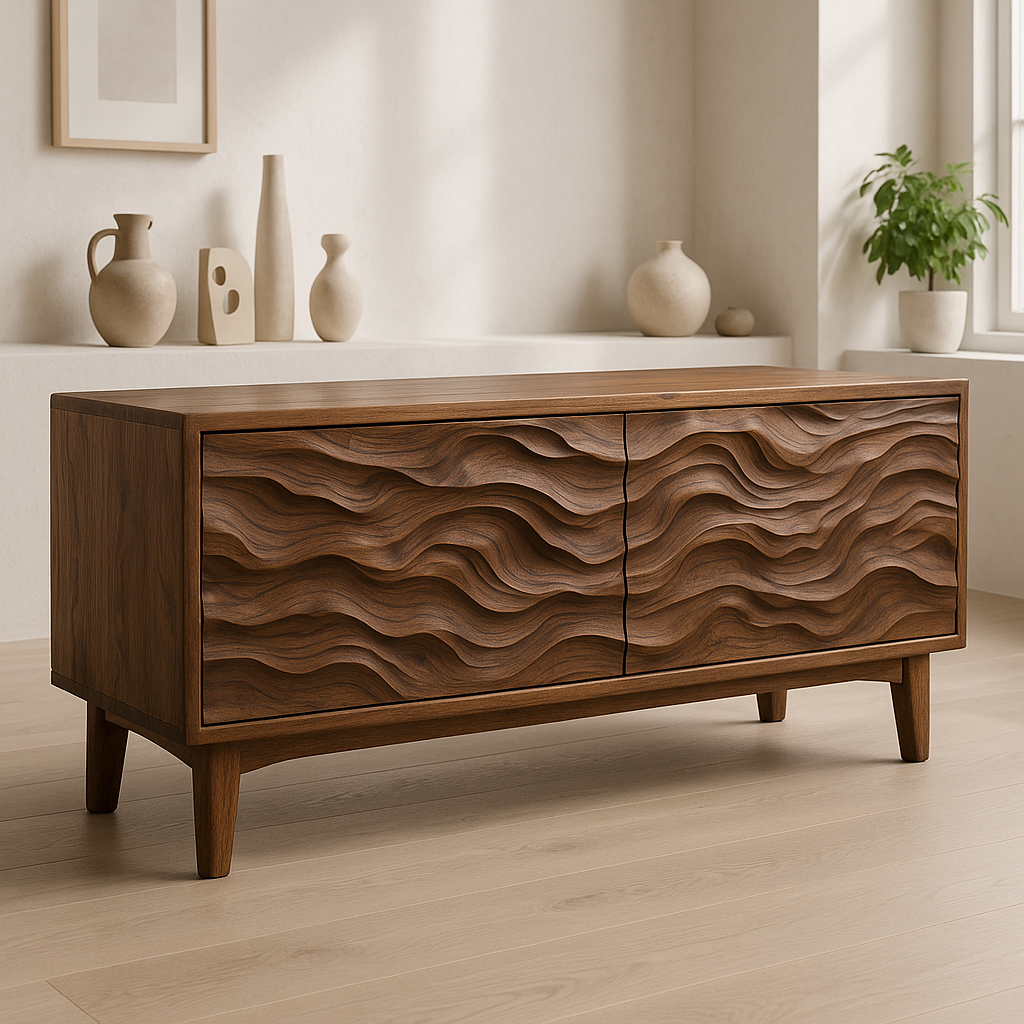 Handcrafted Solid Wood TV Stand – Sculptural Wave Front Credenza for Modern Organic Interiors
