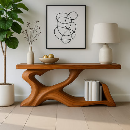 Handcrafted Solid Wood Sculptural Console Table – Organic Flow Design with Built-In Book Storage