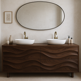 Handcrafted Solid Wood Bathroom Vanity – Organic Wave Front Double Sink Cabinet with Modern Brass Fixtures