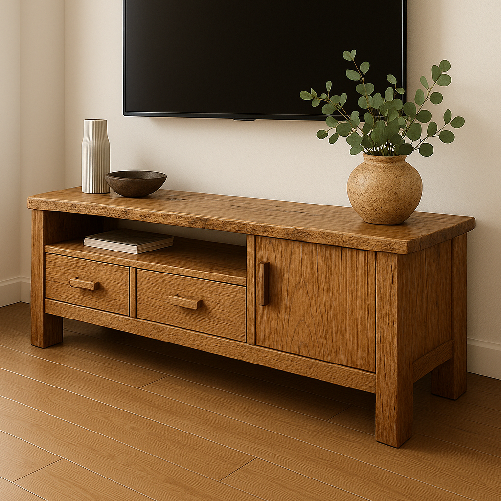 Handcrafted Solid Wood TV Stand – Rustic Hickory Media Console with Drawers and Cabinet Door