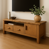 Handcrafted Solid Wood TV Stand – Rustic Hickory Media Console with Drawers and Cabinet Door