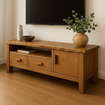 Handcrafted Solid Wood TV Stand – Rustic Hickory Media Console with Drawers and Cabinet Door