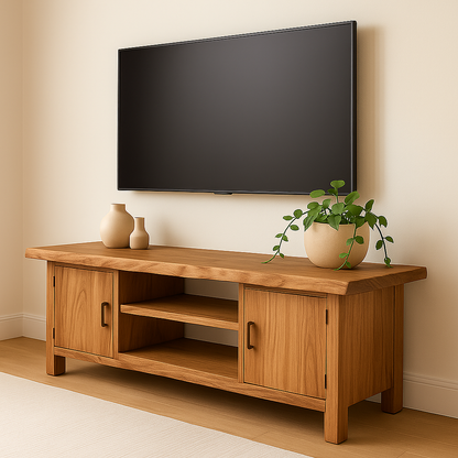 Handcrafted Solid Wood TV Stand – Natural Maple Media Console with Live Edge Top and Cabinets