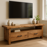 Handcrafted Solid Wood TV Stand – Rustic Hickory Media Console with Drawers and Live Edge Top