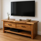 Handcrafted Solid Wood TV Stand – Natural Hickory Media Console with Drawers and Open Shelf