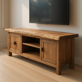 Handcrafted Solid Wood TV Stand – Rustic Hickory Media Console with Live Edge Top and Cabinets