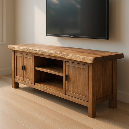 Handcrafted Solid Wood TV Stand – Rustic Hickory Media Console with Live Edge Top and Cabinets
