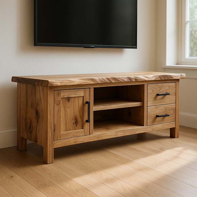 Handcrafted Solid Wood TV Stand with Live Edge Top – Rustic Modern Media Console with Drawers & Cabinet