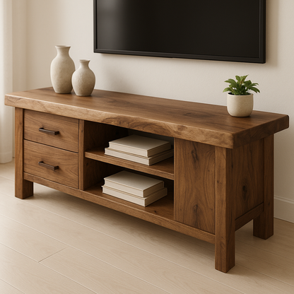 Handcrafted Solid Wood TV Stand – Rustic Walnut Media Console with Drawers and Open Shelves