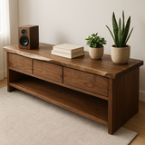 Handcrafted Solid Wood TV Stand – Minimalist Walnut Media Console with Drawers and Open Shelf