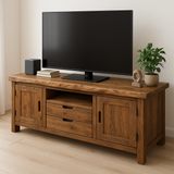 Handcrafted Solid Wood TV Stand – Rustic Walnut Media Console with Drawers and Cabinets