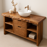 Handcrafted Solid Wood Bathroom Vanity with Live Edge Top and Open Shelves