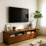 Solid Wood TV Stand with Curved Edge – Handcrafted Media Console with Drawers and Open Shelves for Modern Natural Living Spaces