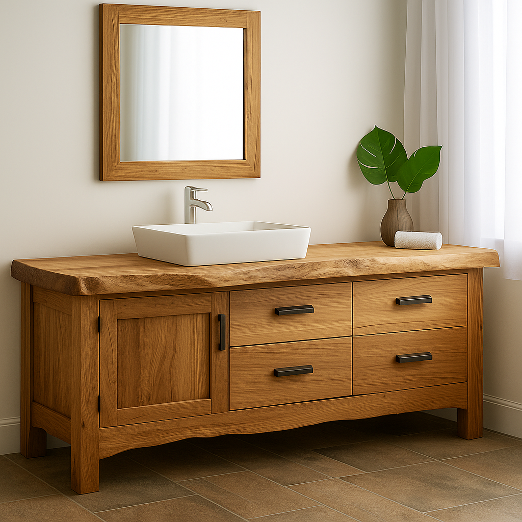 Handcrafted Solid Wood Bathroom Vanity – Natural Live Edge Base with 4 Drawers and Door Cabinet