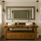 Handcrafted Solid Wood Double Vanity – Live Edge Bathroom Base with Drawers and Open Shelf