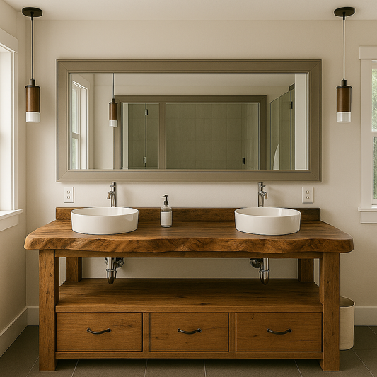 Handcrafted Solid Wood Double Vanity – Live Edge Bathroom Base with Drawers and Open Shelf
