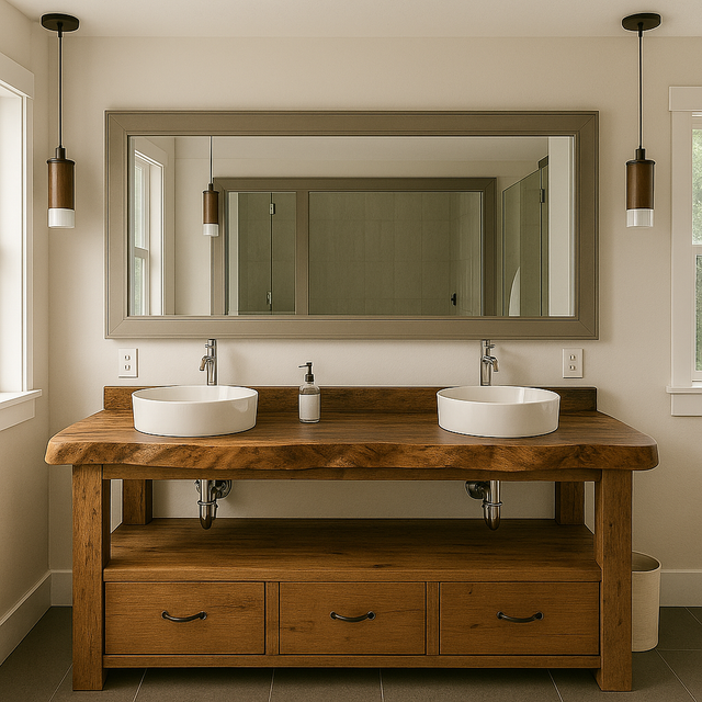 Handcrafted Solid Wood Double Vanity – Live Edge Bathroom Base with Drawers and Open Shelf