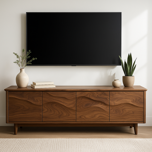 Handcrafted Solid Wood TV Stand – Modern Organic Media Console with Flow Pattern