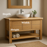 Handcrafted Solid Wood Bathroom Vanity with Oak Finish and Open Shelf