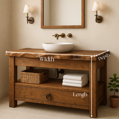 Handcrafted Solid Wood Bathroom Vanity – Live Edge Countertop with Drawer and Shelf – Rustic Organic Farmhouse Sink Console