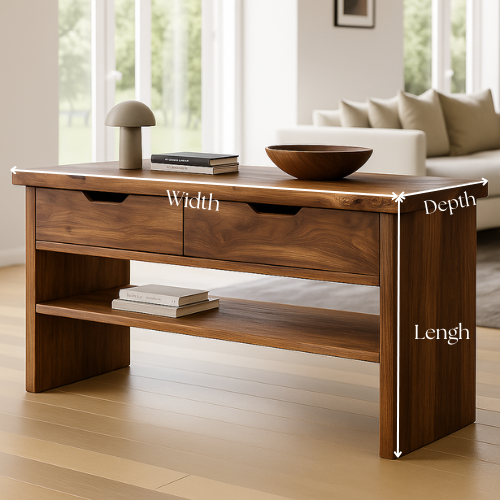 Handcrafted Solid Wood Console Table – Walnut Finish with Drawers and Open Shelf