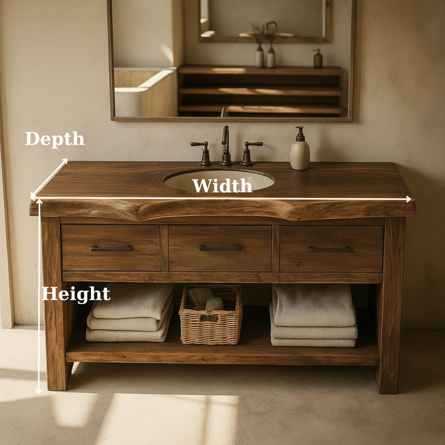 Handcrafted Solid Wood Bathroom Vanity with Live Edge Top, Triple Drawers & Open Storage Shelf