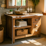Handcrafted Solid Wood Bathroom Vanity with Live-Edge Top and Spacious Open Storage