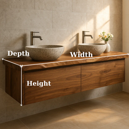 Handcrafted Solid Wood Floating Vanity - Double Sink Live Edge Walnut Console 2-Drawer