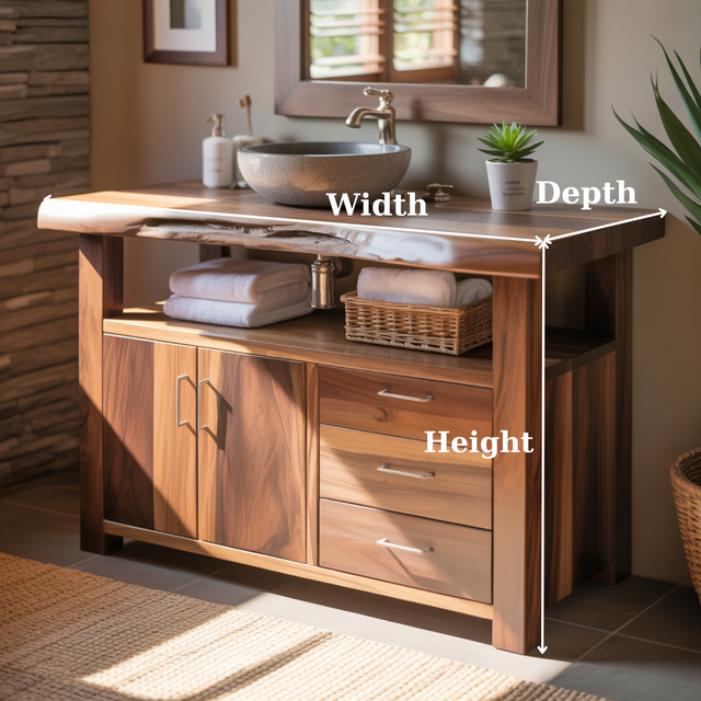 Handcrafted Solid Wood Bathroom Vanity with Live Edge Walnut Top, 3 Drawers and Cabinet