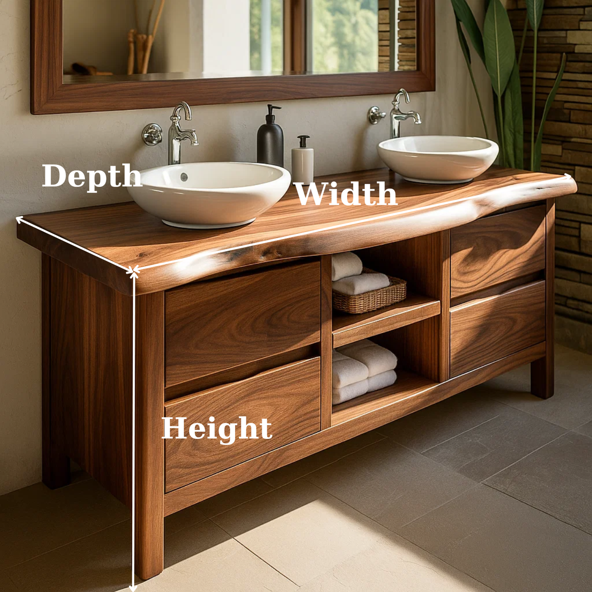 Handcrafted Solid Wood Bathroom Vanity - Live Edge Walnut, Drawers & Open Shelving