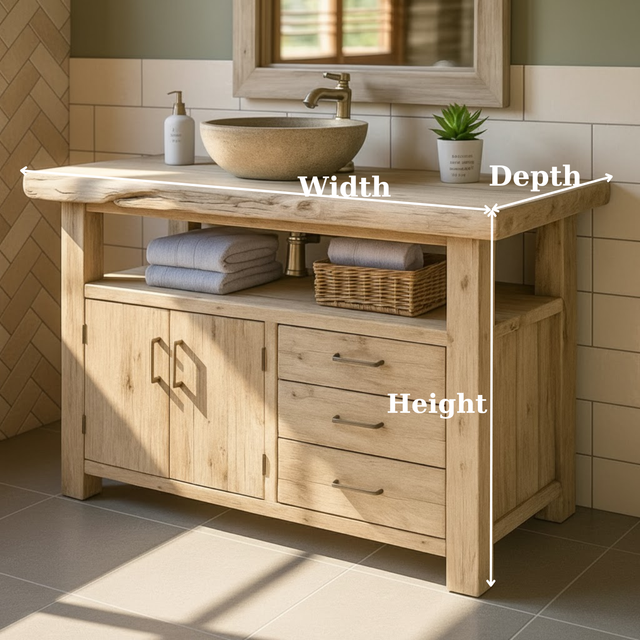 Handcrafted Solid Wood Bathroom Vanity with Live Edge Oak Top, 3 Drawers and Double Cabinet