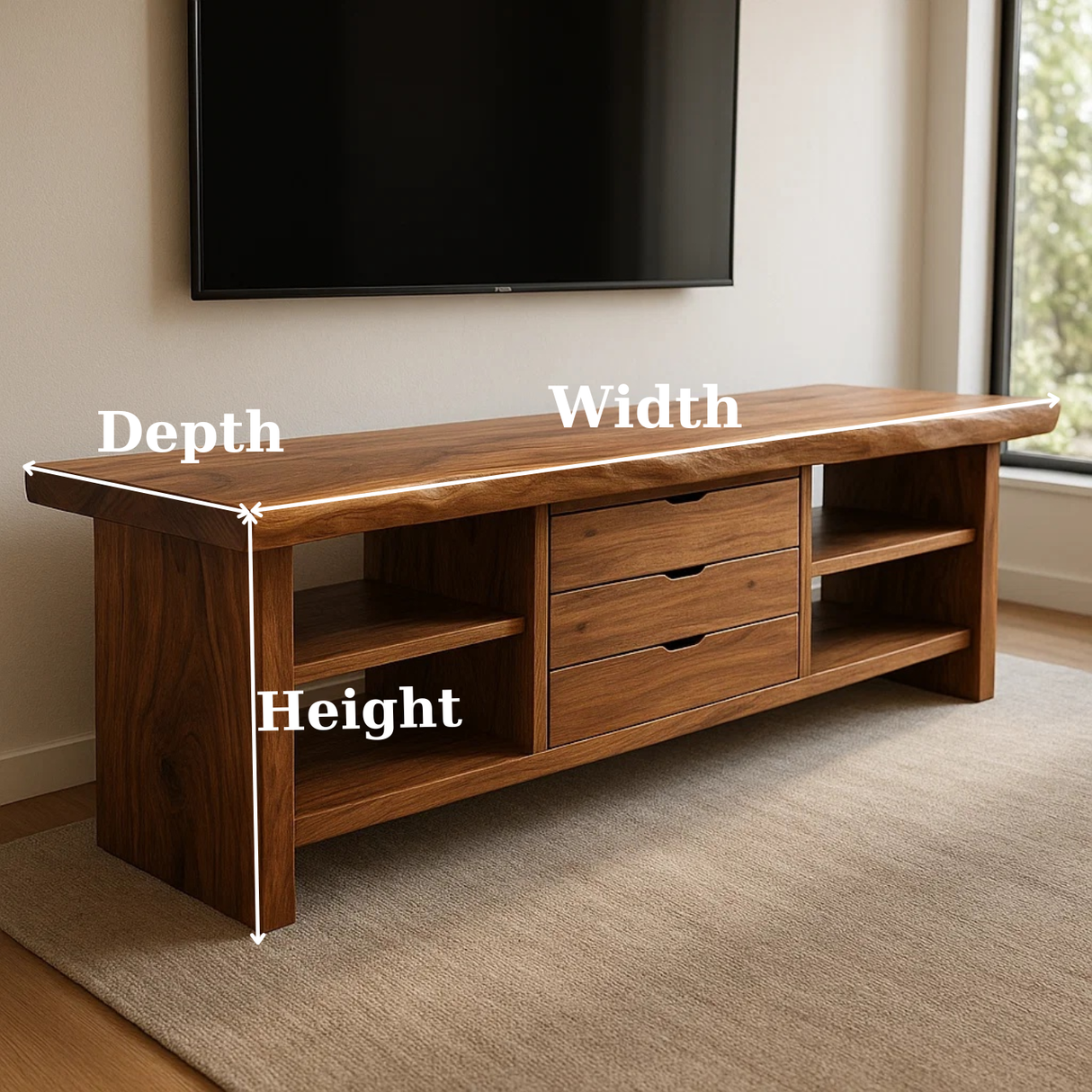 Handcrafted Solid Wood TV Stand - Live Edge Walnut, 3 Drawers & Open Shelves