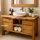 Handcrafted Solid Wood Bathroom Vanity with Live Edge Oak Top and Storage Shelves