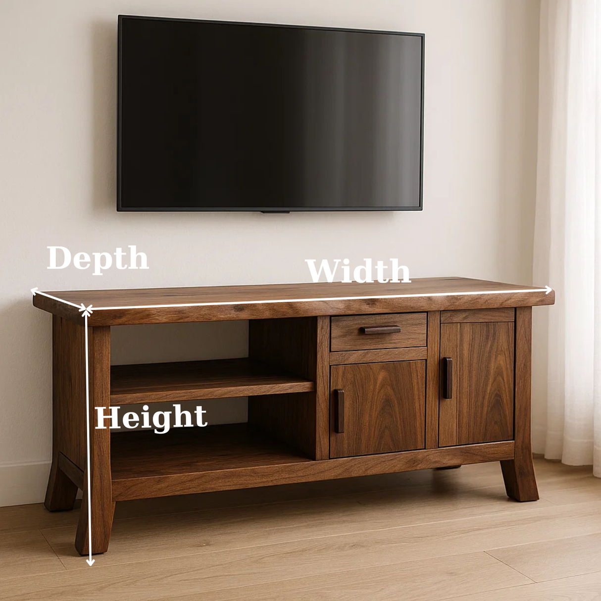 Handcrafted Solid Wood TV Stand - Live Edge Console, Drawer, Cabinet & Open Shelves