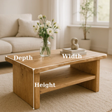 Handcrafted Solid Oak Coffee Table - Live Edge, Rustic Modern with Open Shelf