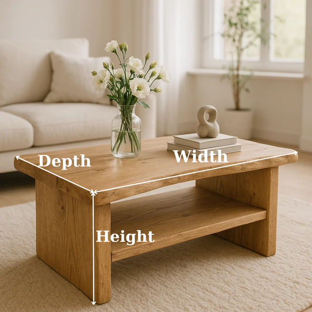 Handcrafted Solid Oak Coffee Table - Live Edge, Rustic Modern with Open Shelf