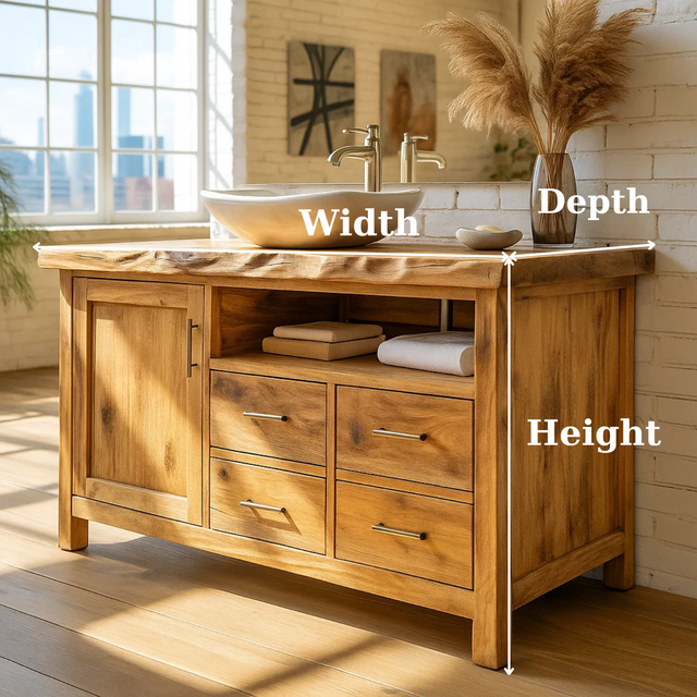 Handcrafted Solid Wood Bathroom Vanity with Live Edge Top and Four Storage Drawers