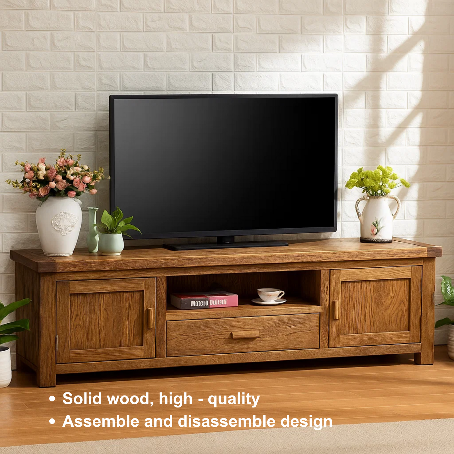Handcrafted Solid Wood TV Stand – Rustic Media Console with Drawer and Storage Cabinets