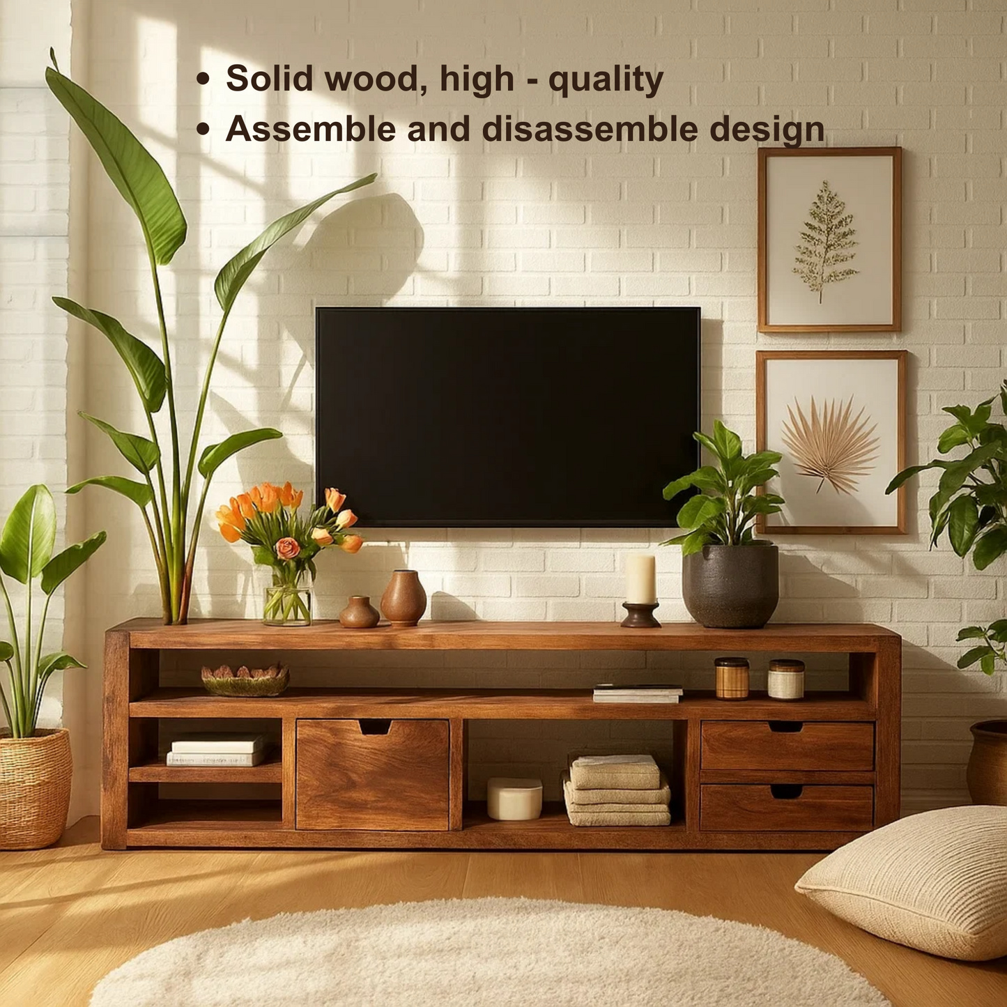 Handcrafted Solid Wood TV Stand with Drawers – Modern Rustic Media Console for Living Room