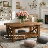 Handcrafted Solid Wood Farmhouse Coffee Table with X-Frame – Rustic Center Table with Bottom Shelf for Cozy Living Rooms