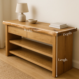 Handcrafted Solid Wood Live Edge Console Table – Natural Oak with Drawers and Open Shelves