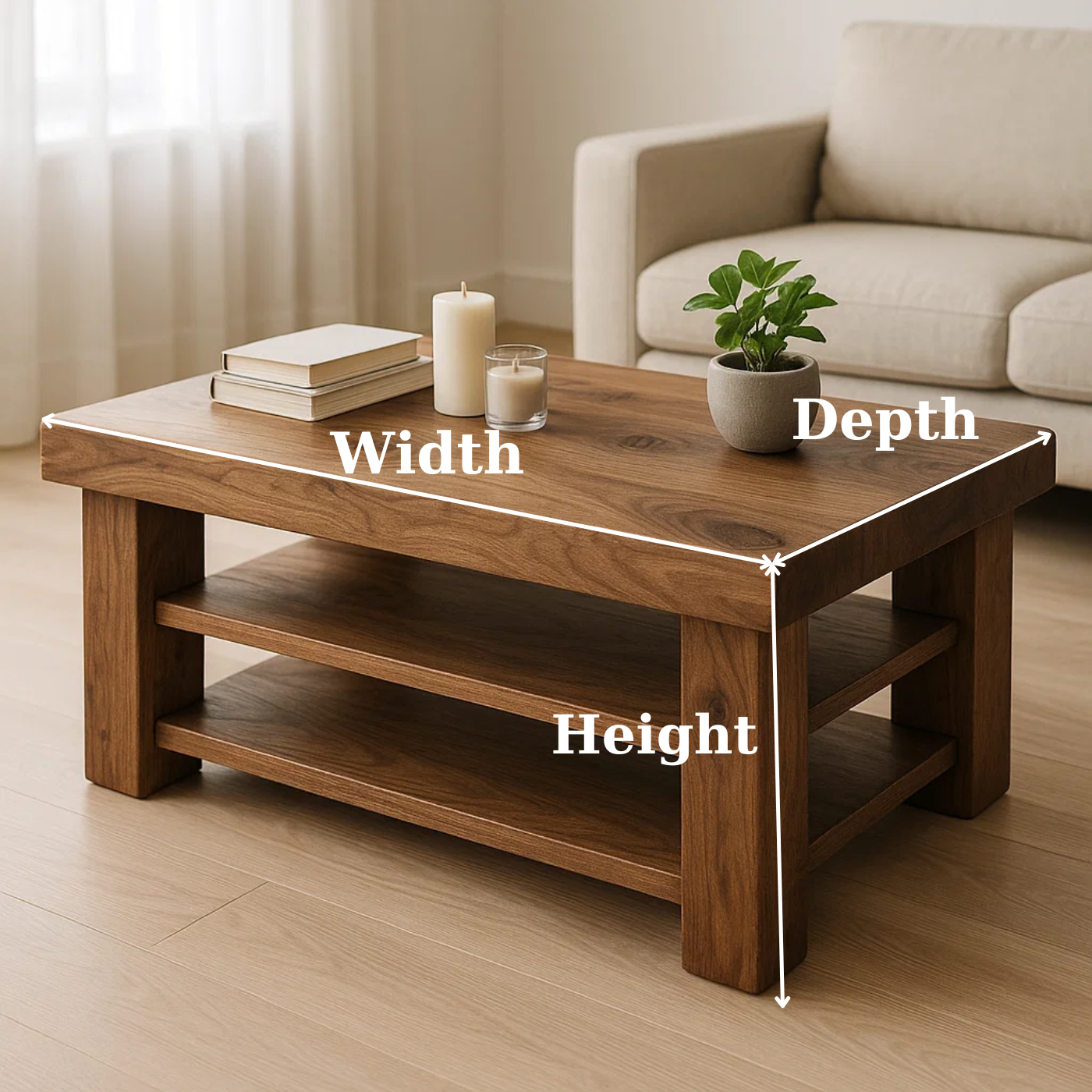 Handcrafted Solid Walnut Coffee Table - Rustic Modern with 2 Open Shelves