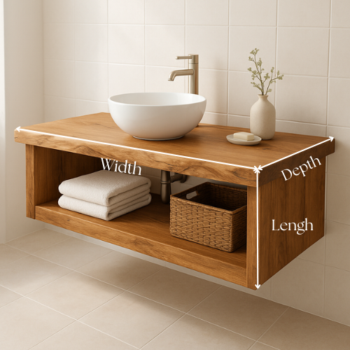 Handcrafted Floating Solid Wood Bathroom Vanity – Live Edge Countertop with Open Storage Shelf – Minimalist Natural Design