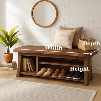 Handcrafted Solid Wood Walnut Bench – Organic Design with Integrated Shelving