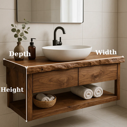 Handcrafted Solid Wood Floating Bathroom Vanity with Live Edge Top - Modern Rustic Washstand
